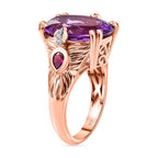 Natural Rose De Morocco, Rhodolite Garnet & White Zircon Ring in 18K Vermeil Rose Gold Plated 9.41 Ct, Silver Wt. 6.30 Gms.