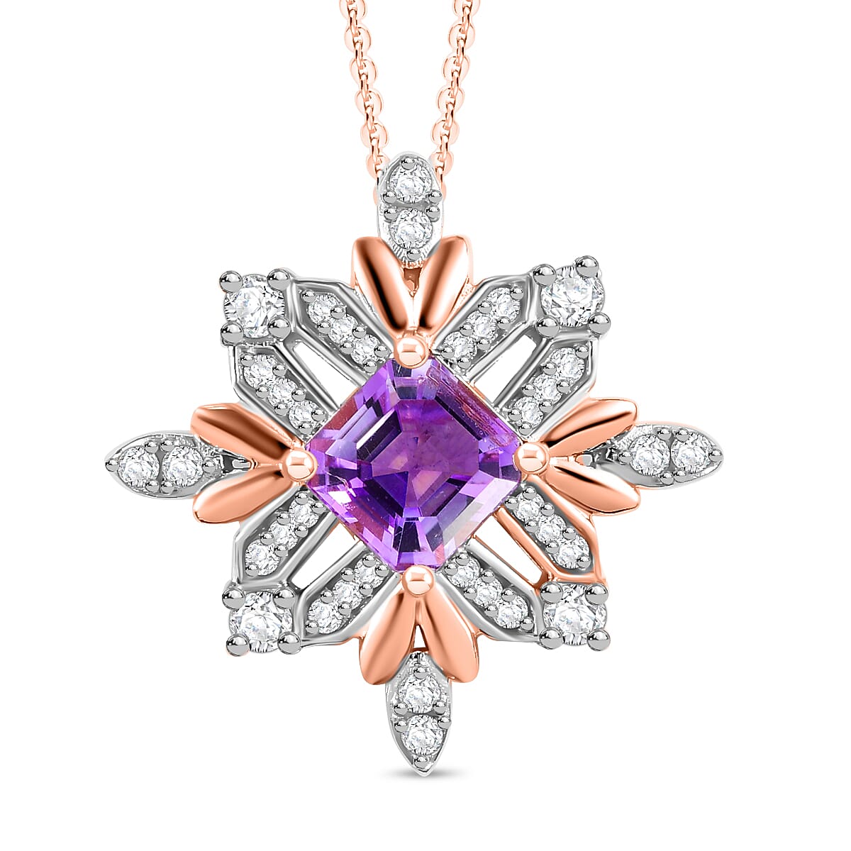 Natural Rose De Morocco Amethyst, White Zircon Snowflake Pendant with Chain (Size 20) in 18K Rose Gold Vermeil Plated Sterling Silver 4300779 0
