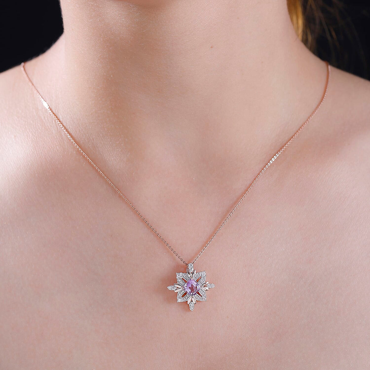 Natural Rose De Morocco Amethyst, White Zircon Snowflake Pendant with Chain (Size 20) in 18K Rose Gold Vermeil Plated Sterling Silver 4300779 1