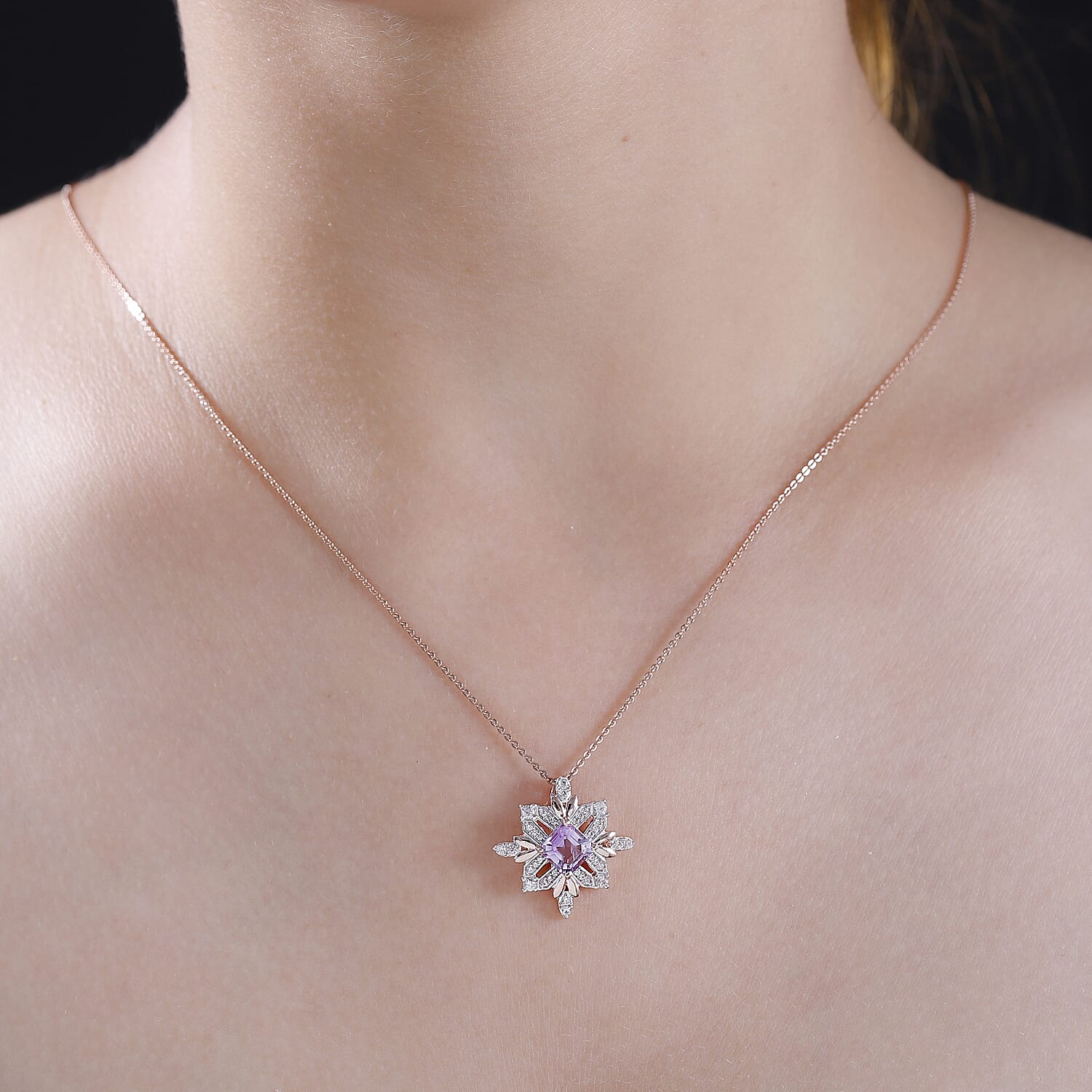 Natural Rose De Morocco Amethyst, White Zircon Snowflake Pendant with Chain (Size 20) in 18K Rose Gold Vermeil Plated Sterling Silver 4300779 1
