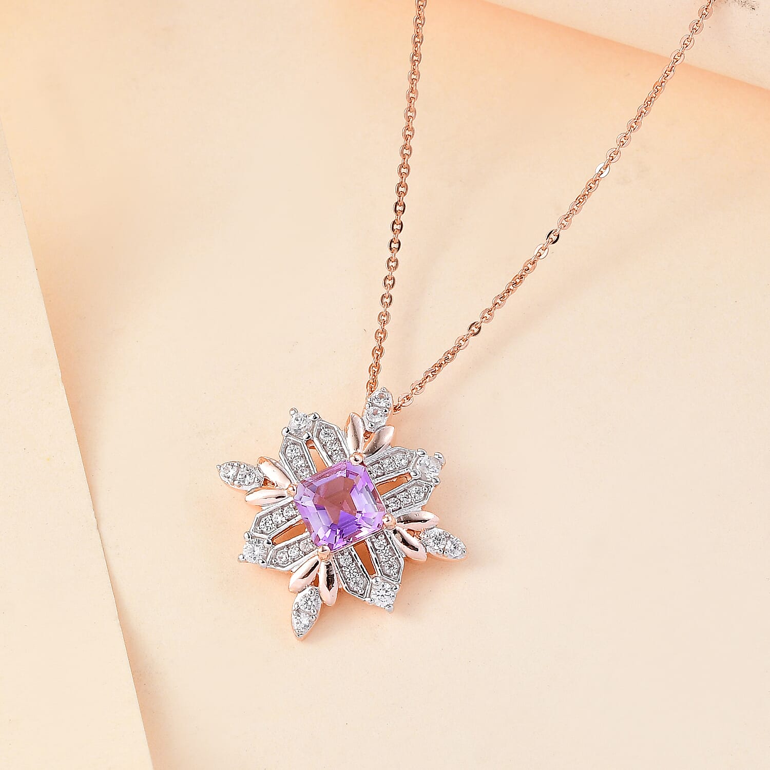 Natural Rose De Morocco Amethyst, White Zircon Snowflake Pendant with Chain (Size 20) in 18K Rose Gold Vermeil Plated Sterling Silver 4300779 2