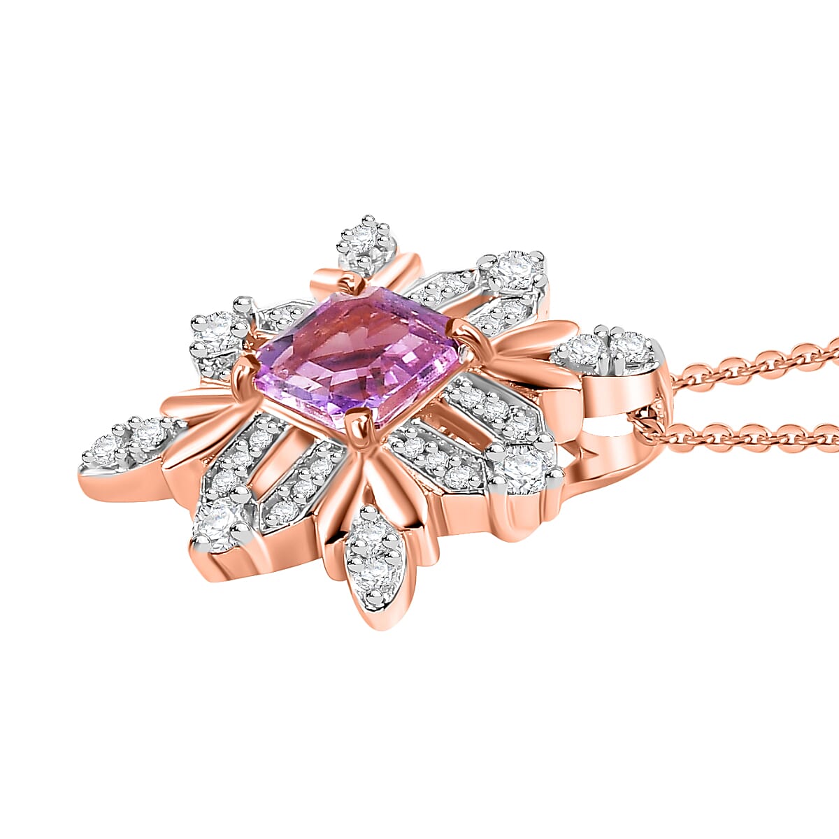 Natural Rose De Morocco Amethyst, White Zircon Snowflake Pendant with Chain (Size 20) in 18K Rose Gold Vermeil Plated Sterling Silver 4300779 3