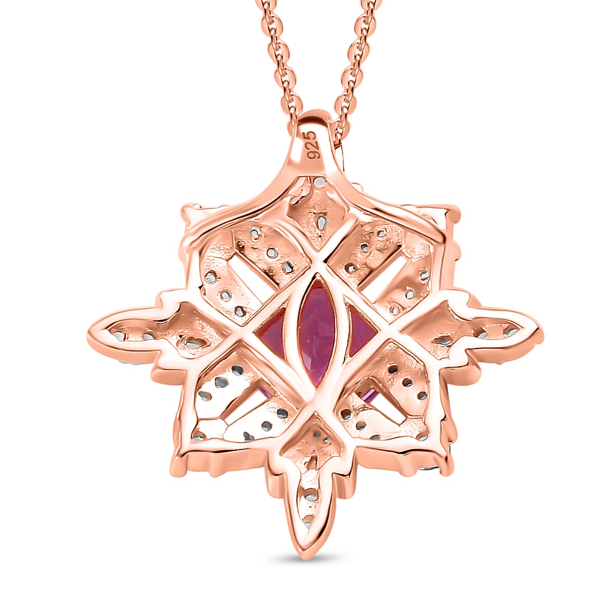 Natural Rose De Morocco Amethyst, White Zircon Snowflake Pendant with Chain (Size 20) in 18K Rose Gold Vermeil Plated Sterling Silver 4300779 4