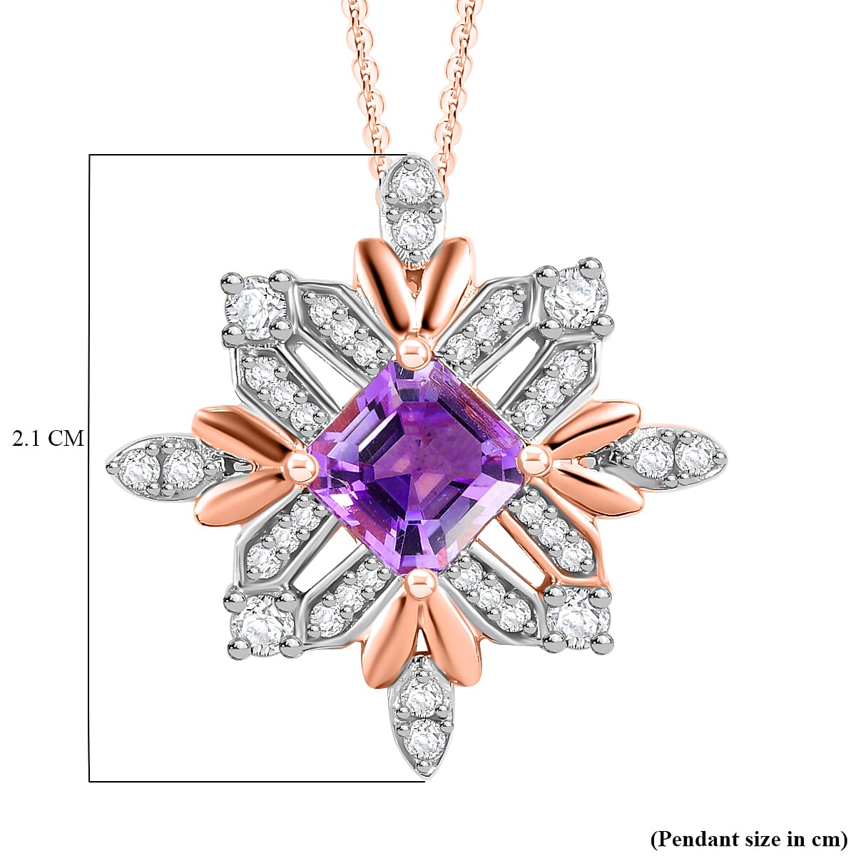 Natural Rose De Morocco Amethyst, White Zircon Snowflake Pendant with Chain (Size 20) in 18K Rose Gold Vermeil Plated Sterling Silver 4300779 6