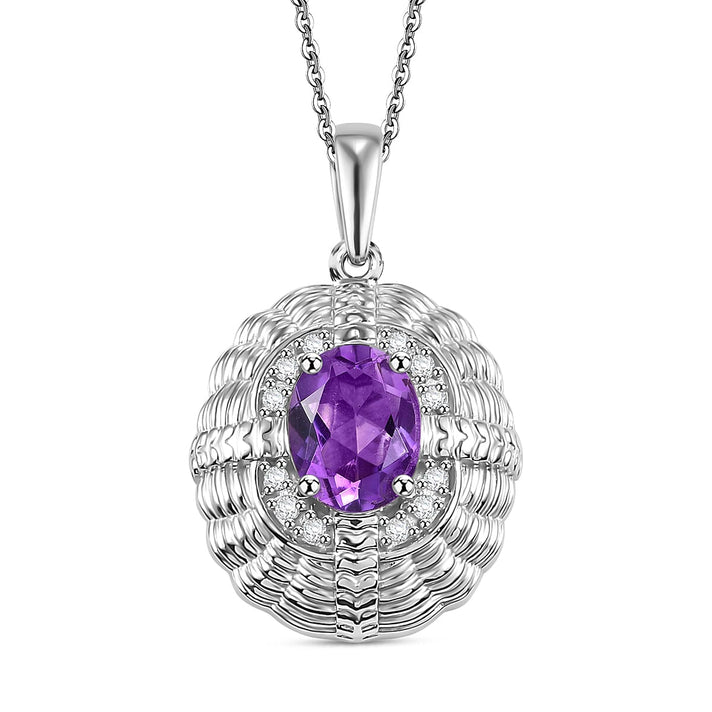 Victorian Shield Inspired Natural Rose De Morocco Amethyst, White Zircon Pendant with Chain (Size 20) in Rhodium Plated Sterling Silver 4299436 1