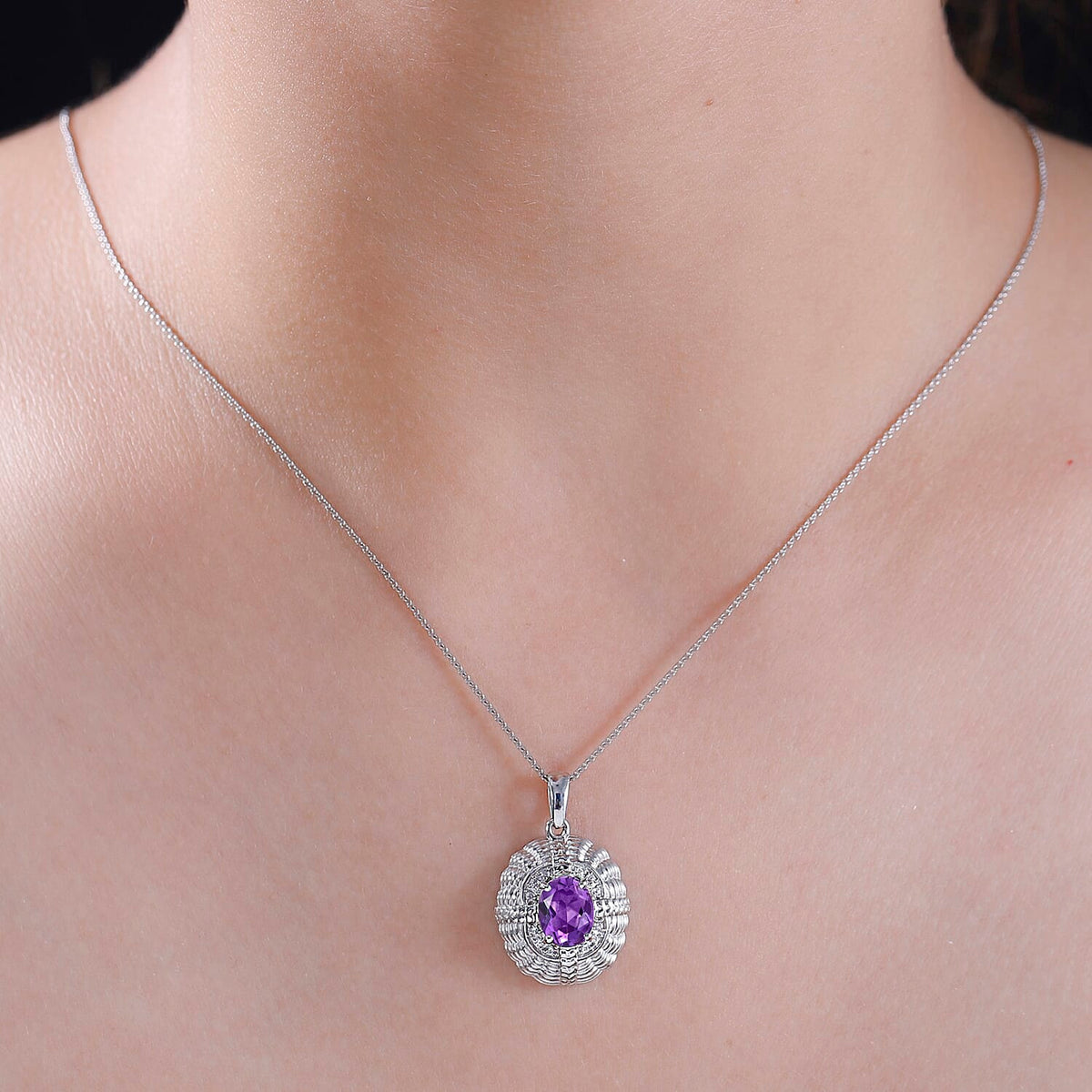 Victorian Shield Inspired Natural Rose De Morocco Amethyst, White Zircon Pendant with Chain (Size 20) in Rhodium Plated Sterling Silver 4299436 1