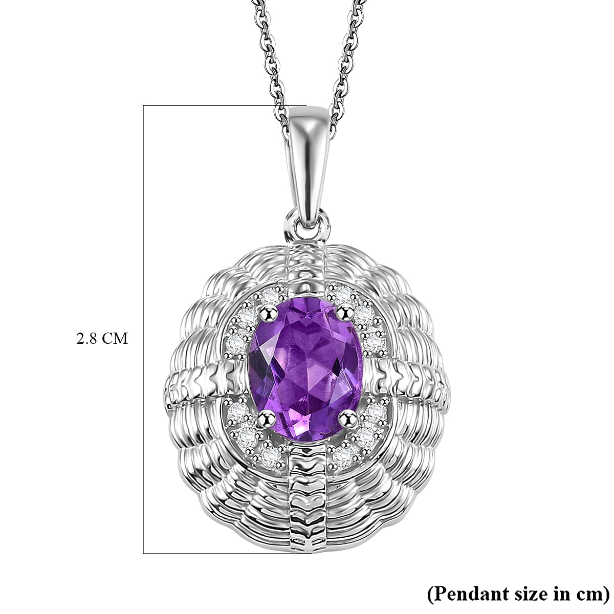 Victorian Shield Inspired Natural Rose De Morocco Amethyst, White Zircon Pendant with Chain (Size 20) in Rhodium Plated Sterling Silver 4299436 6