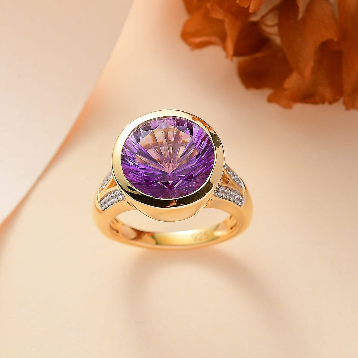 Natural Rose De Morocco Amethyst, White Zircon Solitaire Ring in 18K Yellow Gold Vermeil Plated  Sterling Silver 7856666 2