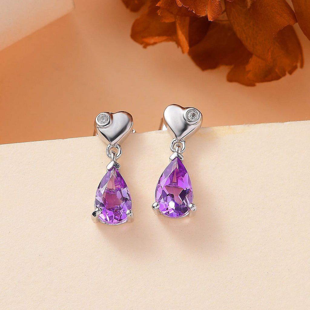 Moroccan Amethyst  & White Zircon Solitaire Stud Push Post Earring With Push Back in Rhodium overlay Sterling Silver 1.59 Ct.