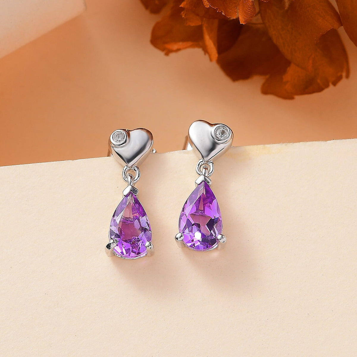 The Royal Theme Inspired Natural Rose De Morocco Amethyst, White Zircon Heart Drop Earrings in Rhodium Plated Sterling Silver 7860628 1