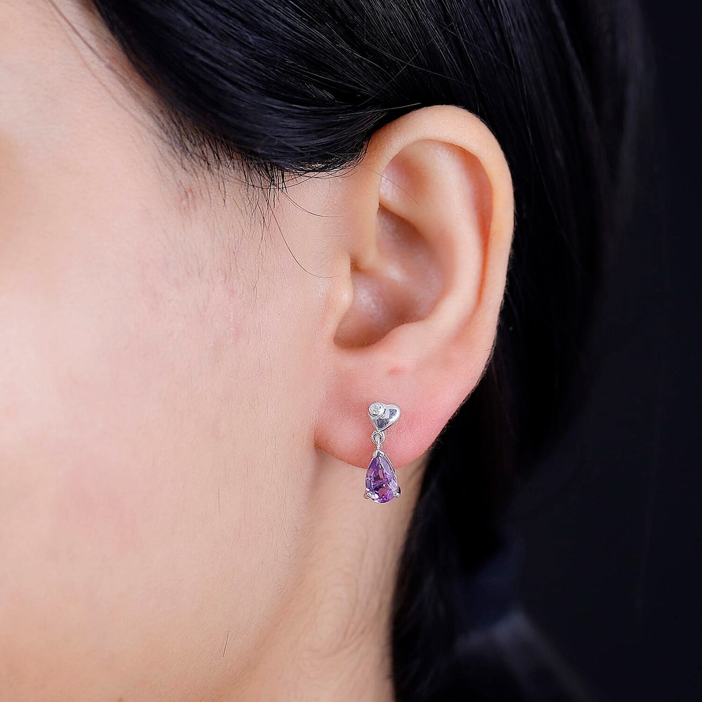 Moroccan Amethyst  & White Zircon Solitaire Stud Push Post Earring With Push Back in Rhodium overlay Sterling Silver 1.59 Ct.