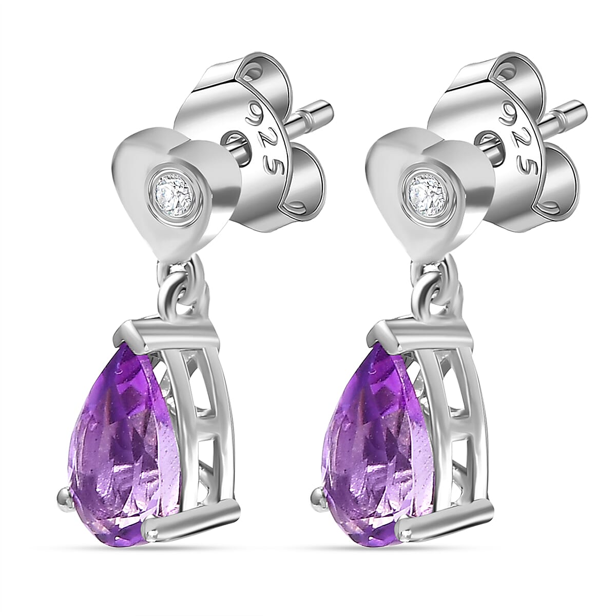 The Royal Theme Inspired Natural Rose De Morocco Amethyst, White Zircon Heart Drop Earrings in Rhodium Plated Sterling Silver 7860628 3