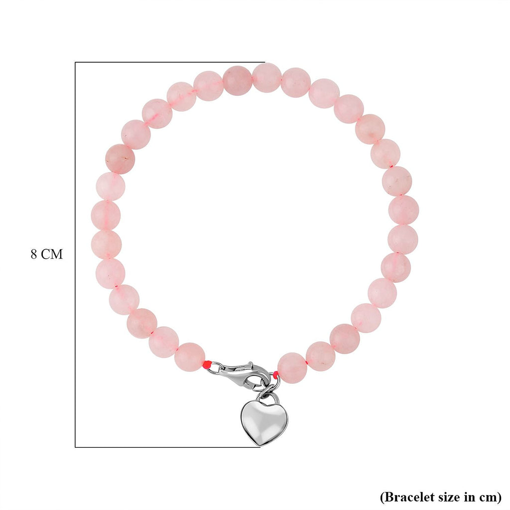 Rose Quartz Heart Charms Bracelet (Size - 7.5) in Rhodium Overlay Sterling Silver