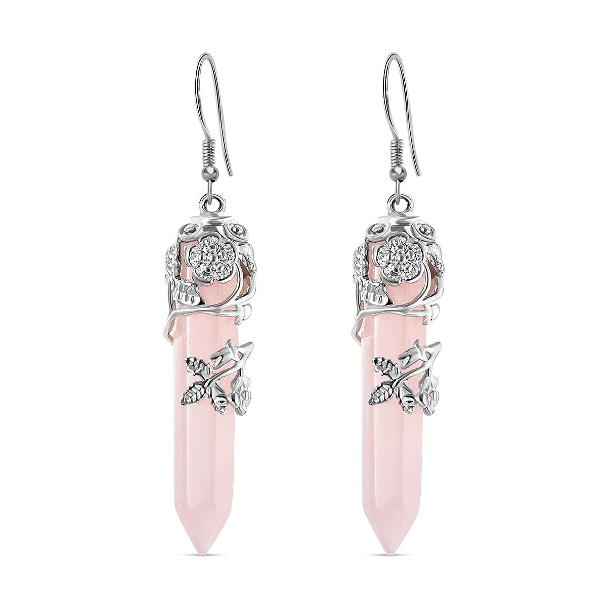 Rose Quartz Floral Vine Stainless Steel Earrings in Silver Tone 7266246 0