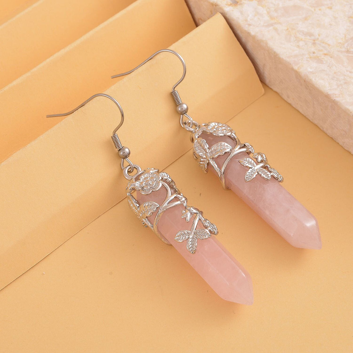 Rose Quartz Floral Vine Stainless Steel Earrings in Silver Tone 7266246 2