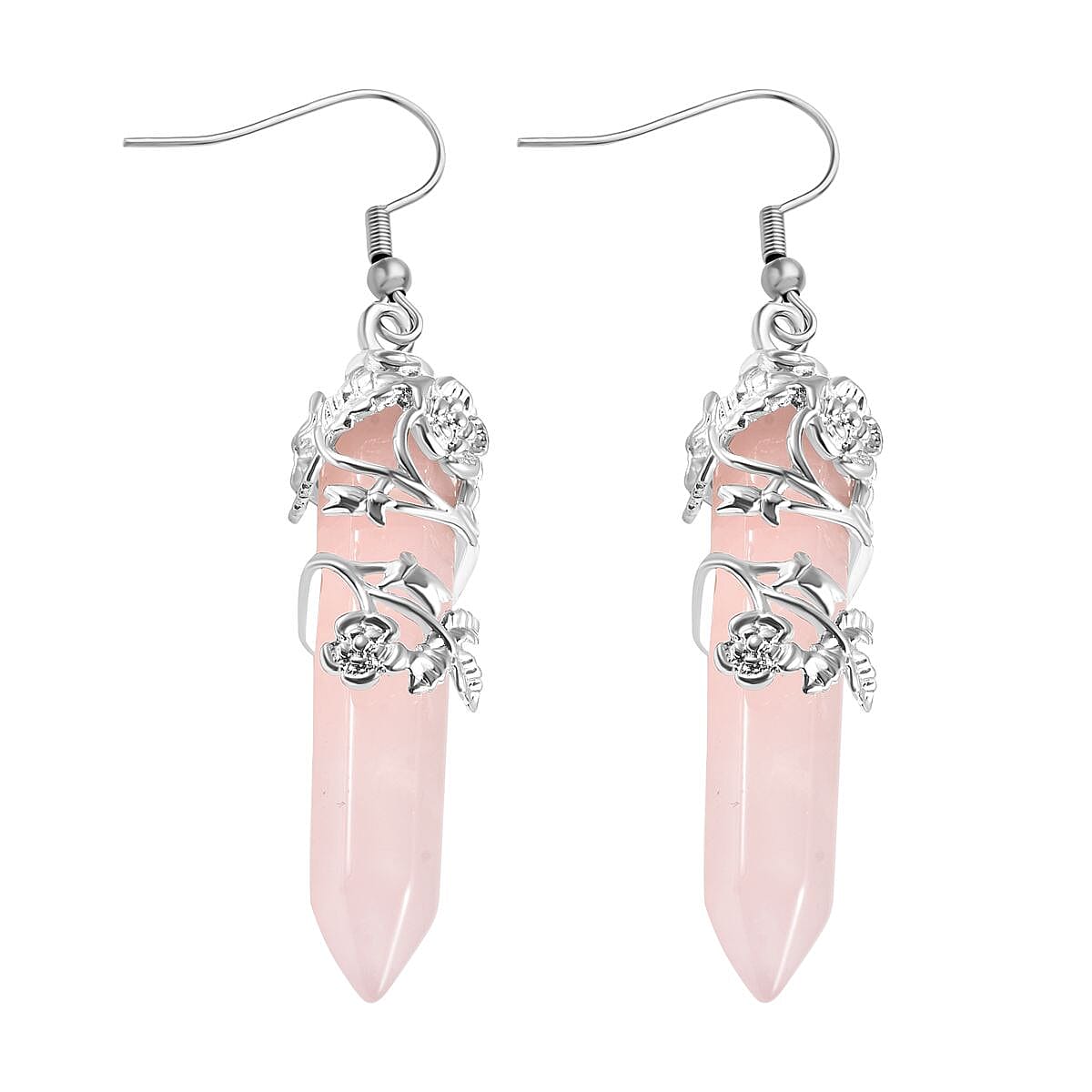 Rose Quartz Floral Vine Stainless Steel Earrings in Silver Tone 7266246 4