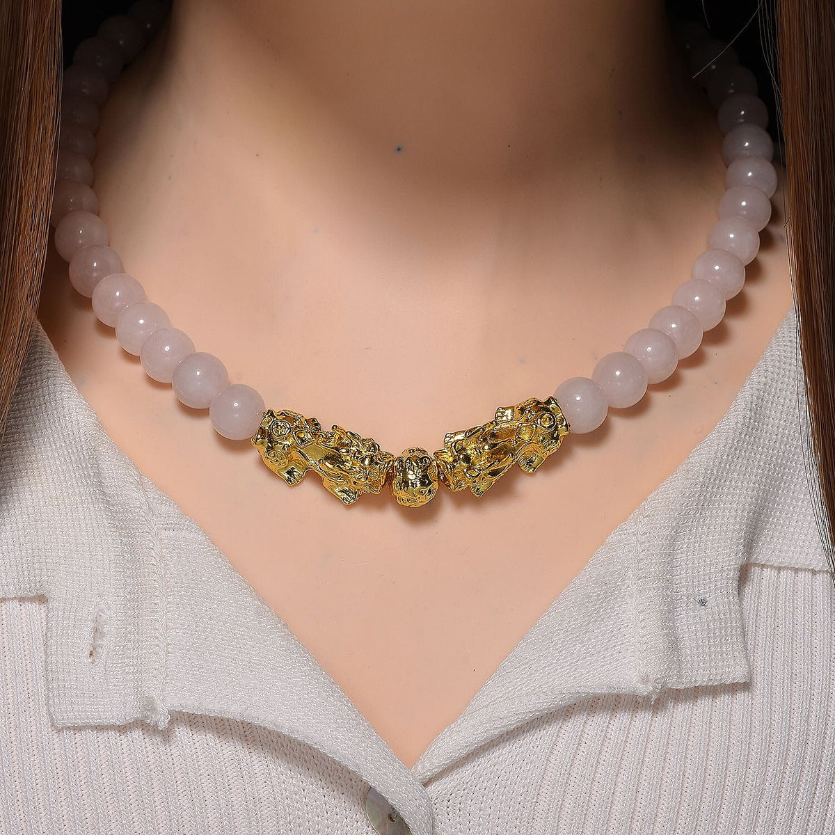 Rose Quartz Beads, Pixiu Necklace (Size 18 - 2 Ext) in Yellow Goldtone 330.00 Ct. 8172096 1