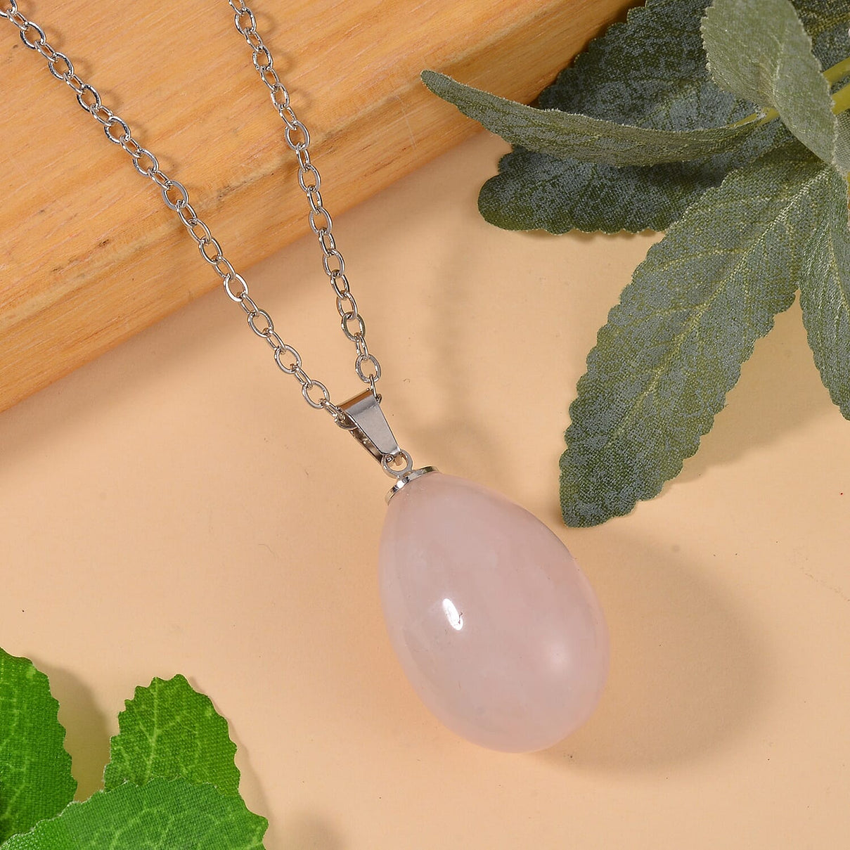 Rose Quartz Egg Shaped Necklace (Size - 30) in Stainless Steel 7688636 2