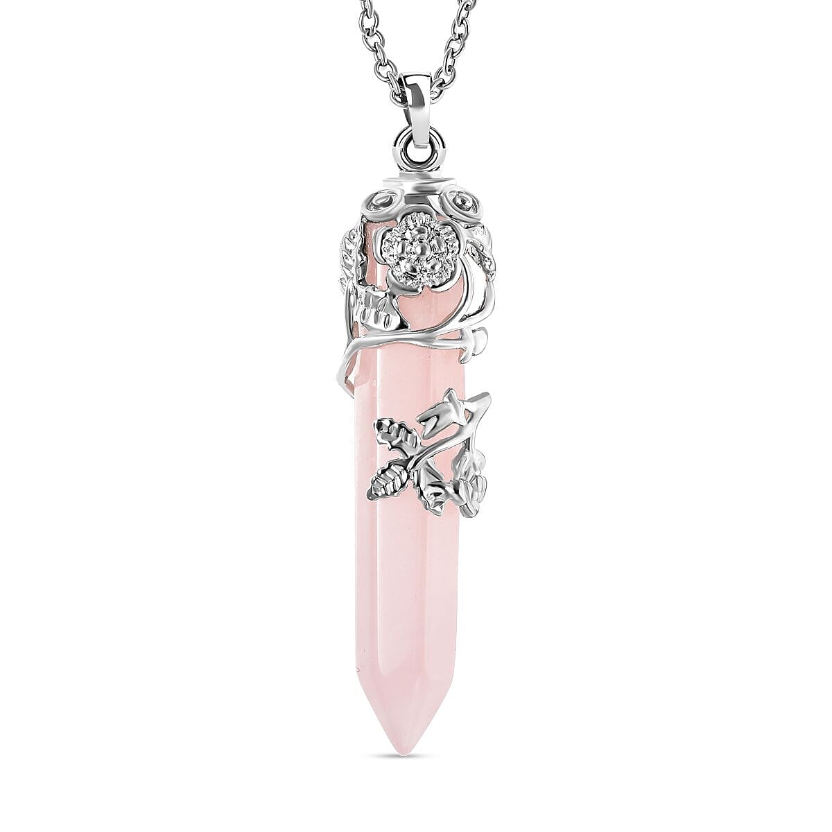 Rose Quartz Floral Vine Pendant with Chain (Size - 24) in White Tone 27.0 Ct 4121831 0
