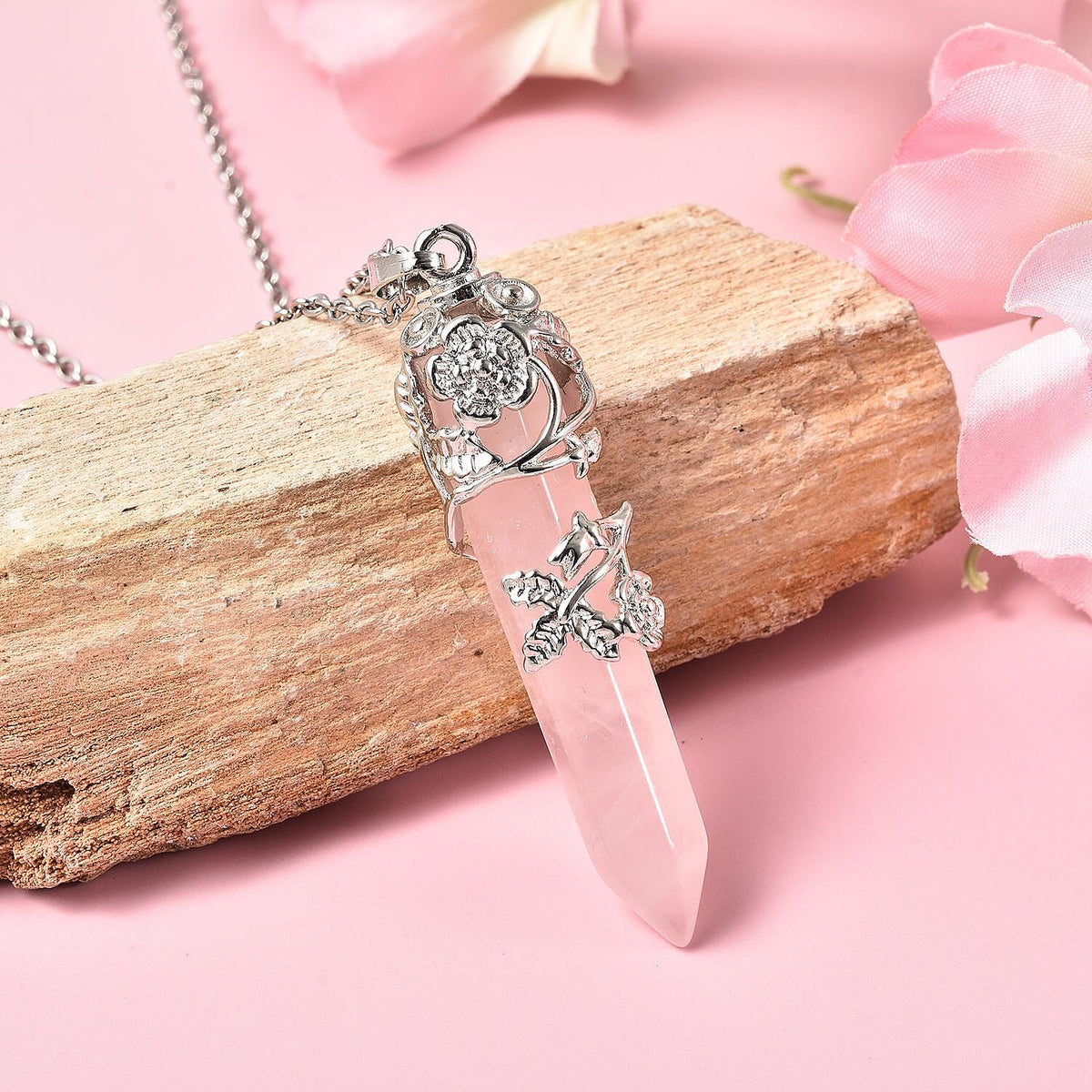 Rose Quartz Floral Vine Pendant with Chain (Size - 24) in White Tone 27.0 Ct 4121831 2