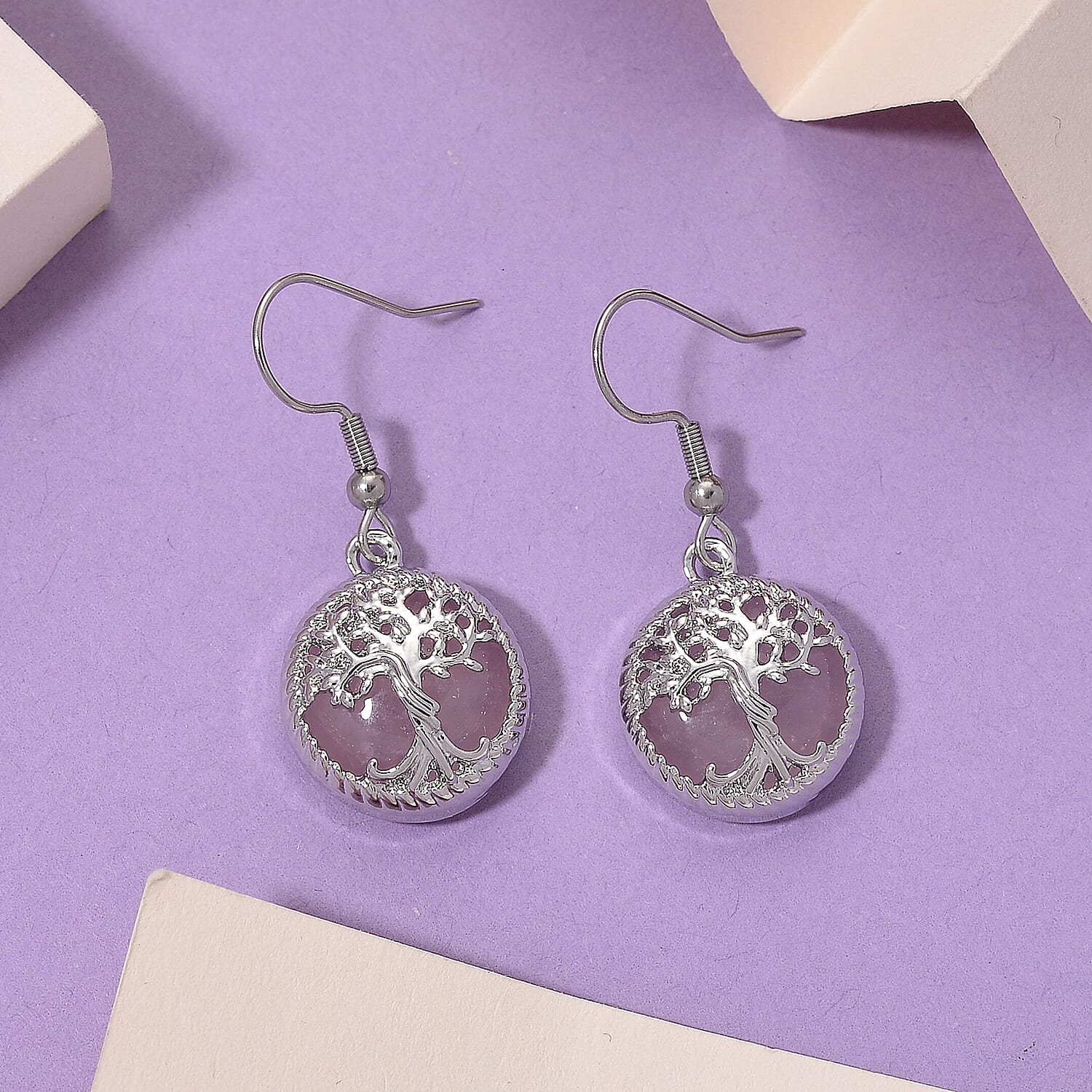 Rose Quartz Tree of Life Earring with Hook in Silver Tone 8256664 2
