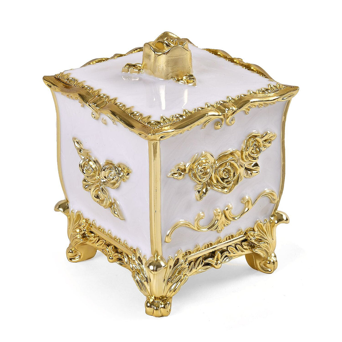 3-D Rose Themed Acrylic Storage Box with Cotton Swab Holder (Size 12x9x9 cm) - White - Gold 7628217 1