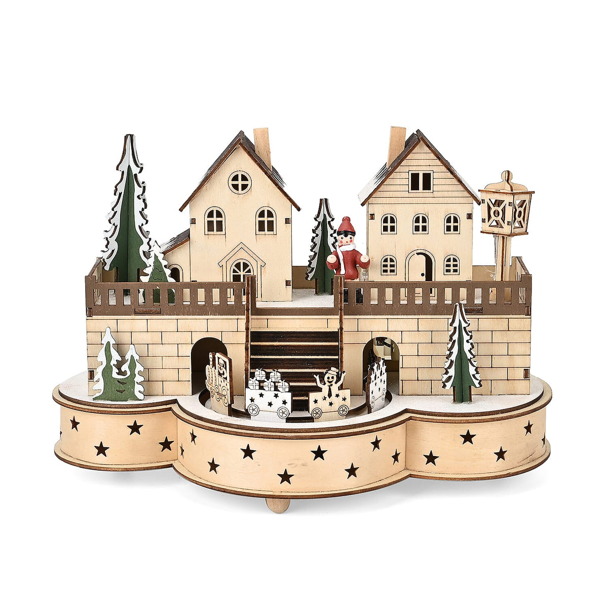 Rotating Plywood House with Music and 7 Warm LED Lights (Size-30x21x14cm) Requires 2xAA (Battery Not Inc.) 7595464 0