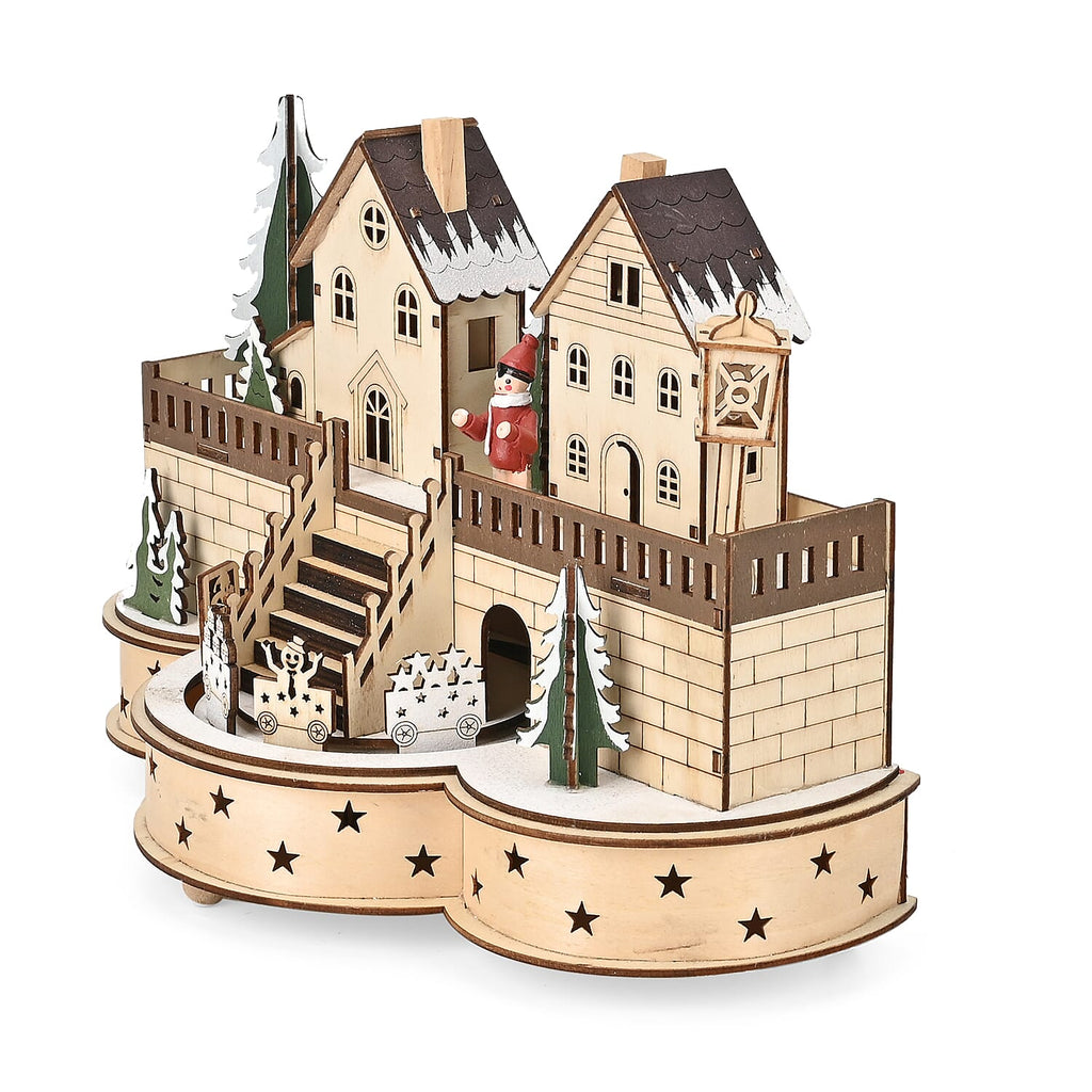 Rotating Plywood House with Music - 7 Warm LED Lights (Size-30x21x14cm) Requires 2xAA (Battery Not Inc.)