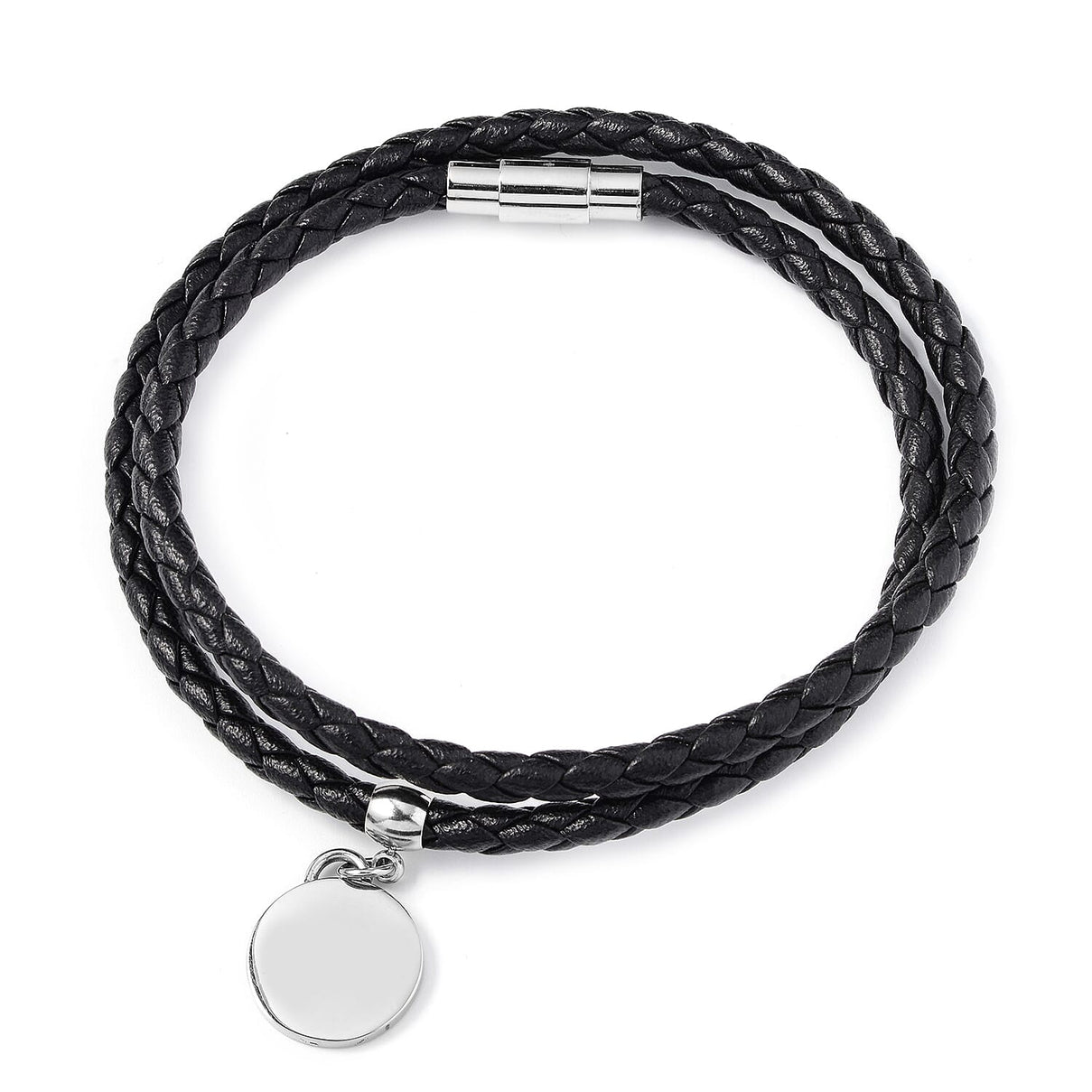 Round Disc Charm Braided Leather Bracelet Size 8 in Silver Tone 6342279 0