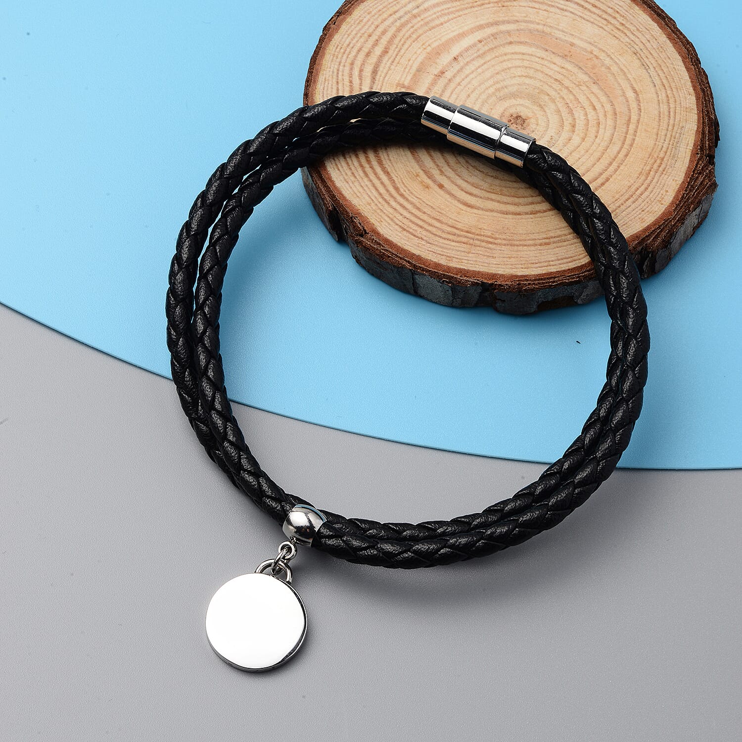 Round Disc Charm Braided Leather Bracelet Size 8 in Silver Tone 6342279 1
