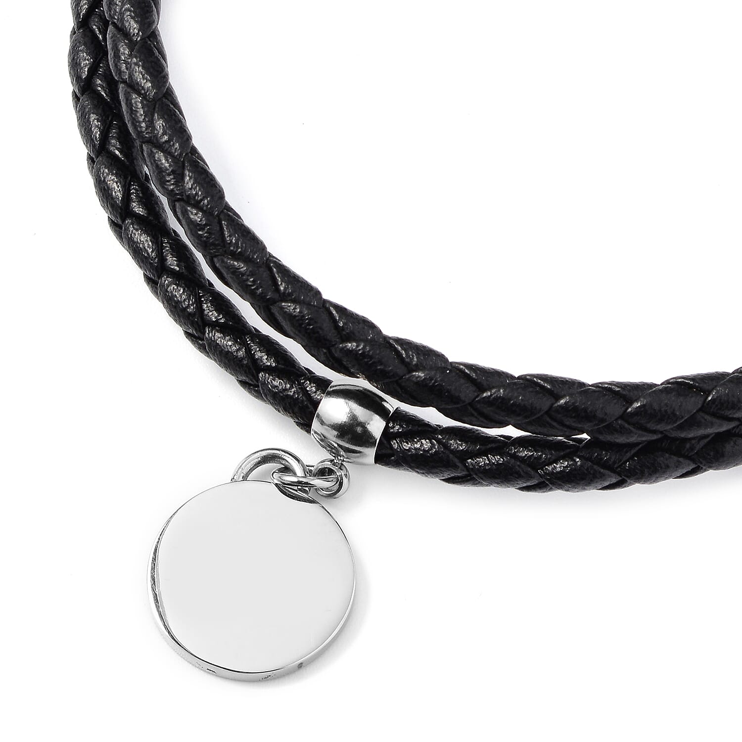 Round Disc Charm Braided Leather Bracelet Size 8 in Silver Tone 6342279 2