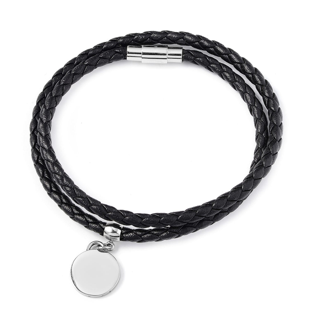 Round Disc Charm Braided Leather Bracelet Size 8 in Silver Tone 6342279 3