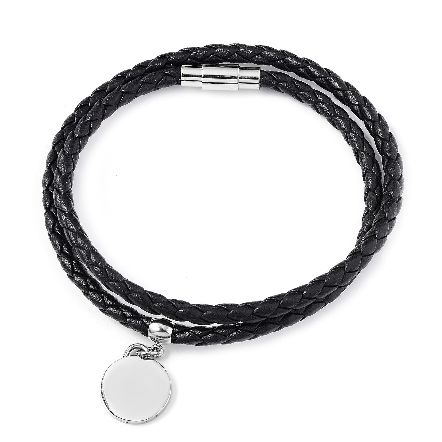 Round Disc Charm Braided Leather Bracelet Size 8 in Silver Tone 6342279 3