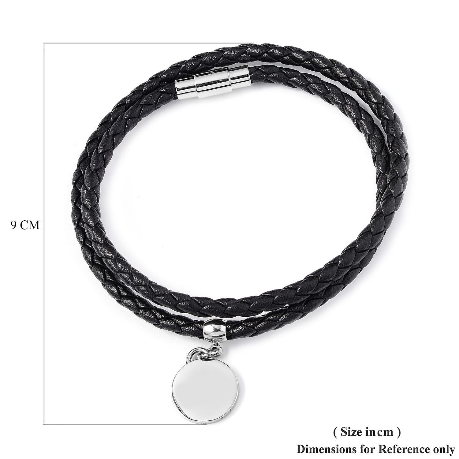 Round Disc Charm Braided Leather Bracelet Size 8 in Silver Tone 6342279 4