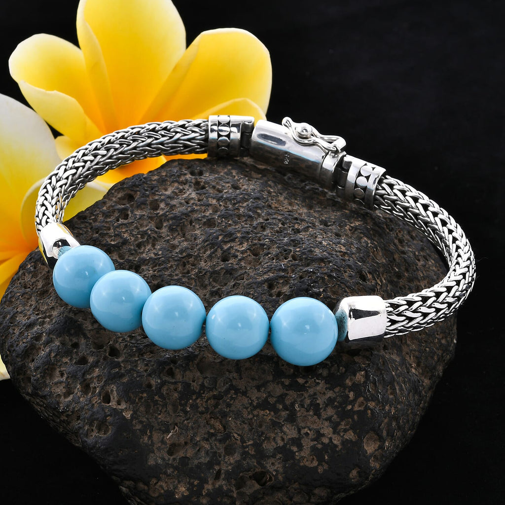 Royal Bali Collection - Arizona Sleeping Beauty Turquoise Tulang Naga Bracelet (Size 7.5) in Sterling Silver 15.00 Ct, Silver Wt 23.00 Gms