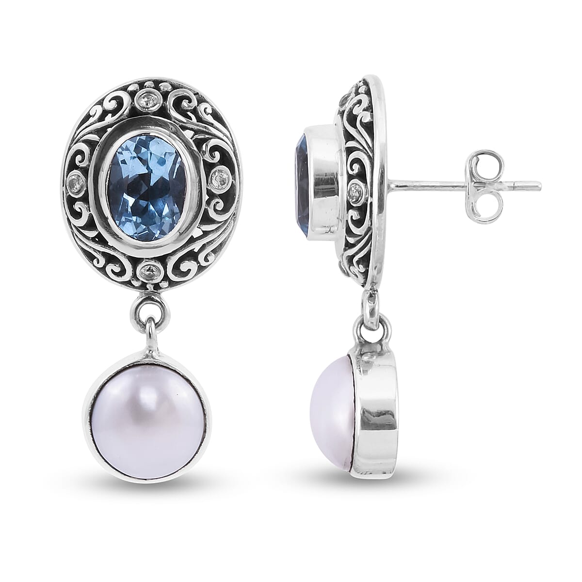 Royal Bali Collection- 2.78 Ct. Blue Topaz, White Shell Pearl, Natural Cambodian Zircon Earrings in Sterling Silver 3715103 4