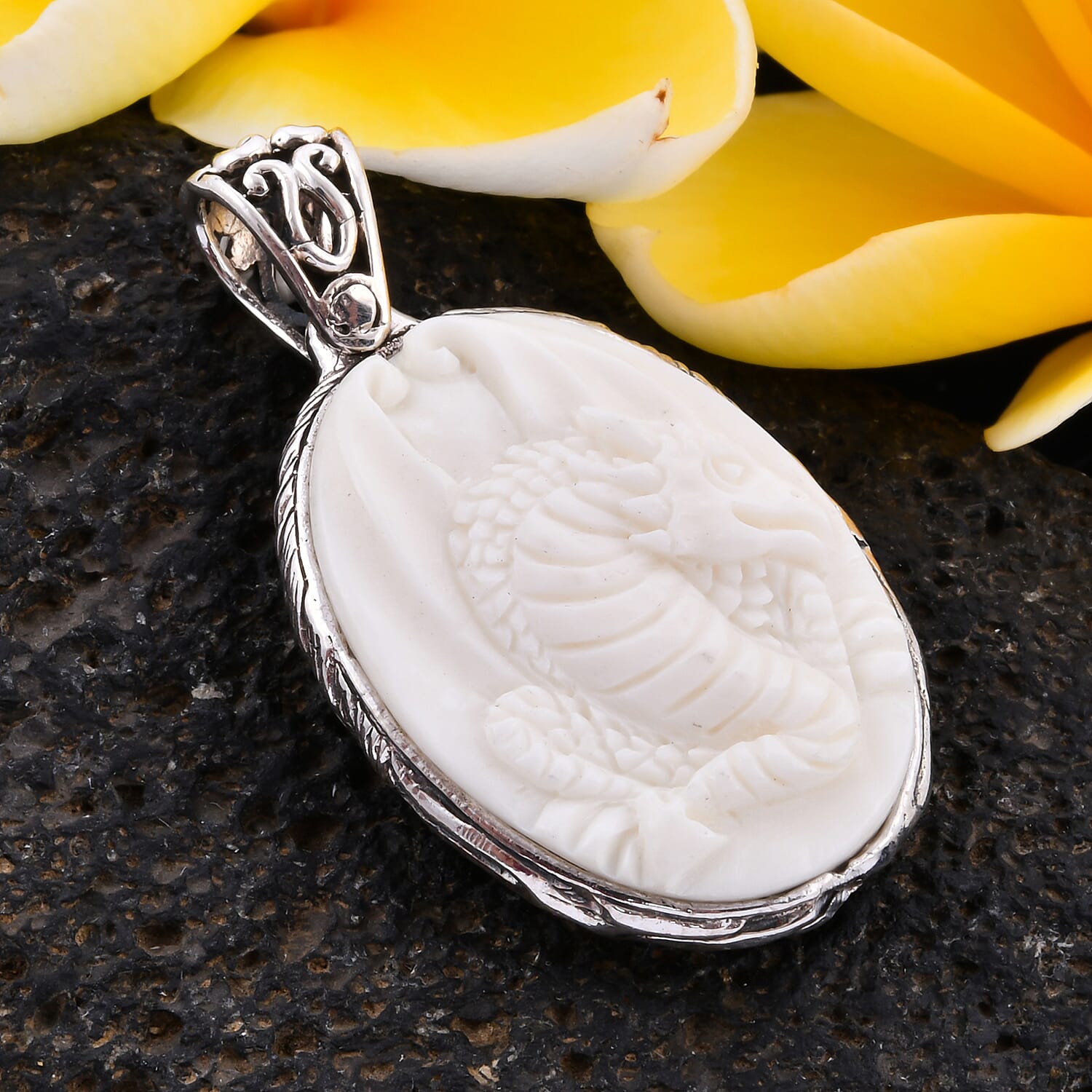 Royal Bali Collection- OX Bone Dragon Carved Reversible Pendant in Sterling Silver 3643180 2