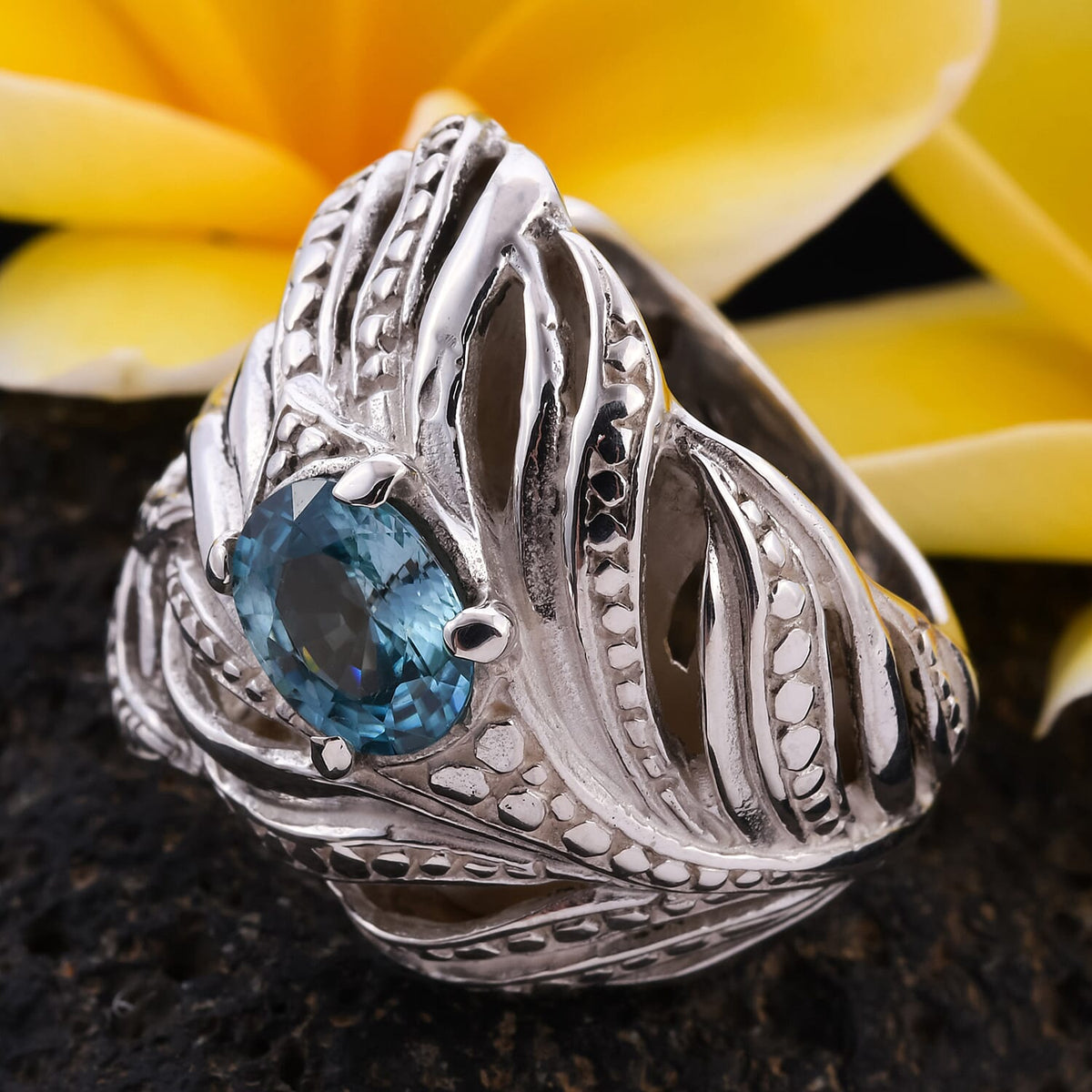 Royal Bali Collection 2.77 Carat Natural Blue Ratnagiri Zircon Feather Design Ring in Sterling Silver 6032539 2