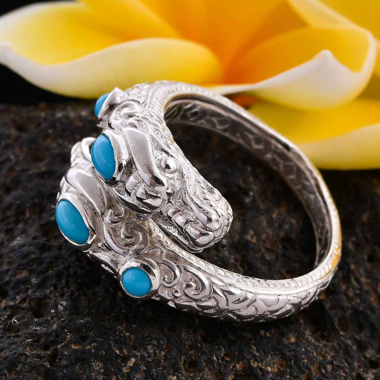 Royal Bali Collection Arizona Sleeping Beauty Turquoise Dragon Head Bypass Ring in Sterling Silver 3701972 2