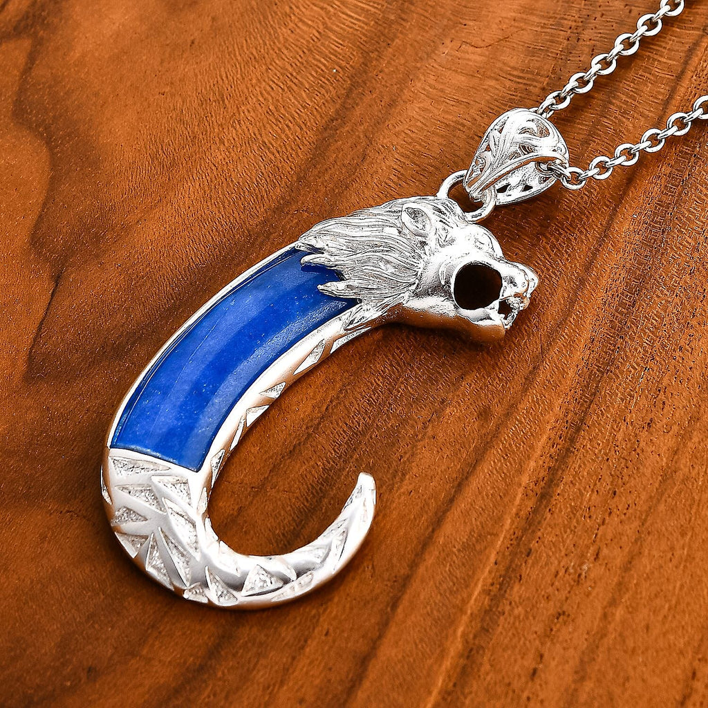 Royal Bali Collection - Blue Jade Lion Pendant Sterling Silver 10.50 Ct, Silver Wt. 10.33 Gms