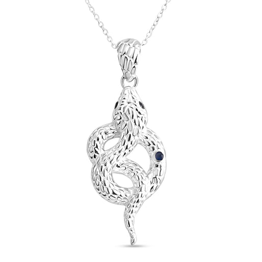 Royal Bali Collection - Blue Sapphire & Black Spinel Sterling Silver Serpent Pendant with Chain (Size 20) & Lobster Clasp