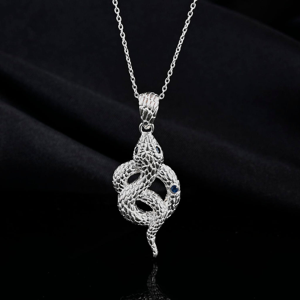 Royal Bali Collection - Blue Sapphire & Black Spinel Sterling Silver Serpent Pendant with Chain (Size 20) & Lobster Clasp