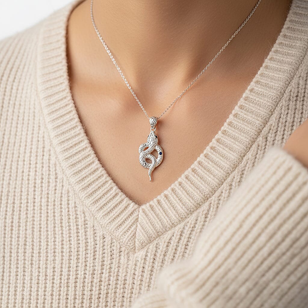 Royal Bali Collection - Blue Sapphire, Black Spinel, Sterling Silver Serpent Pendant with Chain (Size 20) and Lobster Clasp V32557141 3