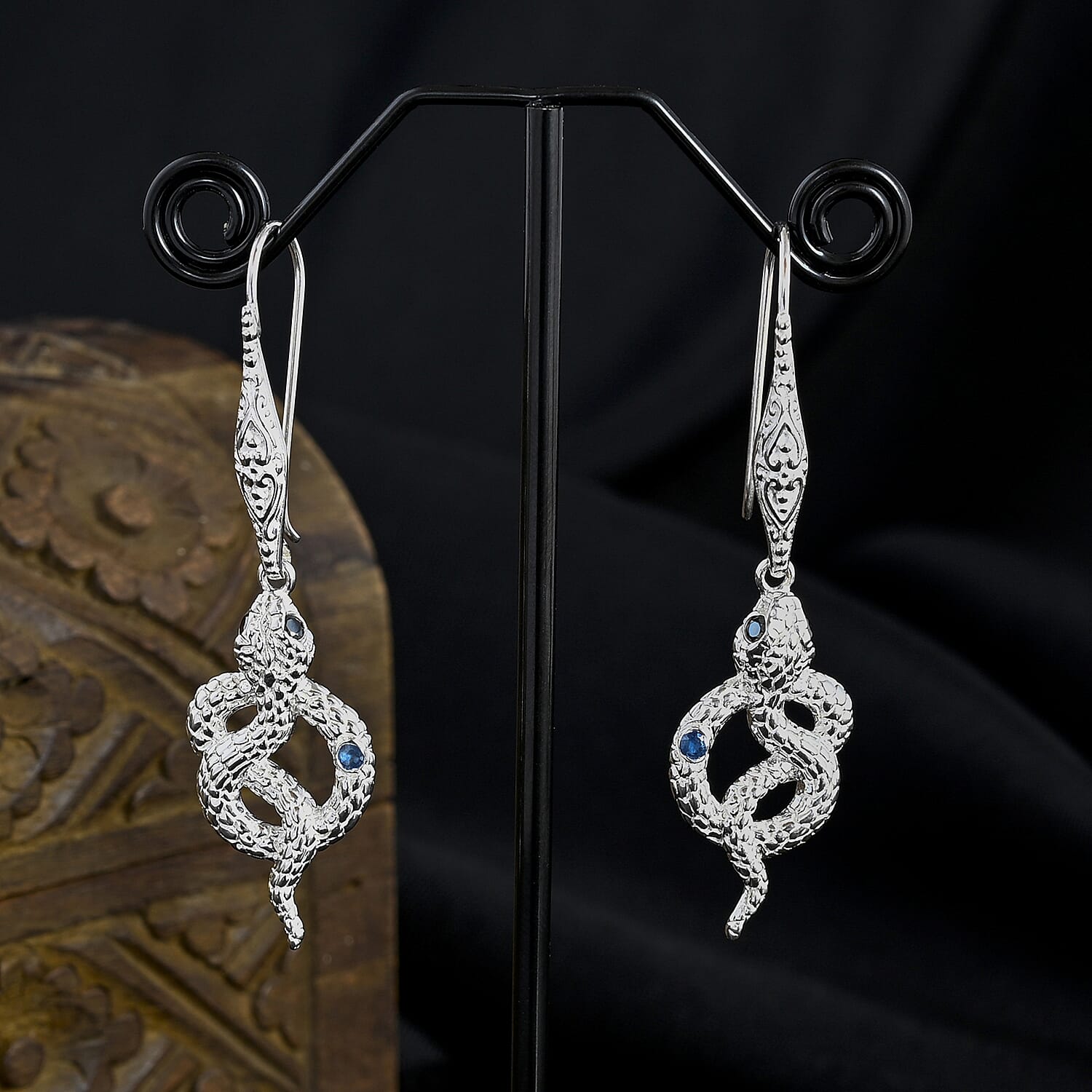 Royal Bali Collection - D'Joy Blue Sapphire, Black Spinel in Sterling Silver Serpent Earring with Hook 8189413 2