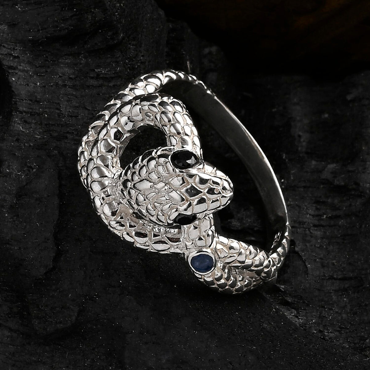D'Joy Blue Sapphire &amp; Black Spinel Serpent Ring in Sterling Silver. 8189347 2