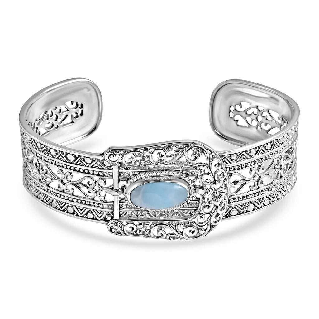 Royal Bali Collection - D'Joy Larimar Sterling Silver Cuff Bangle (Size - 7.5) 4.23 Ct, Silver Wt. 29.85 Gms
