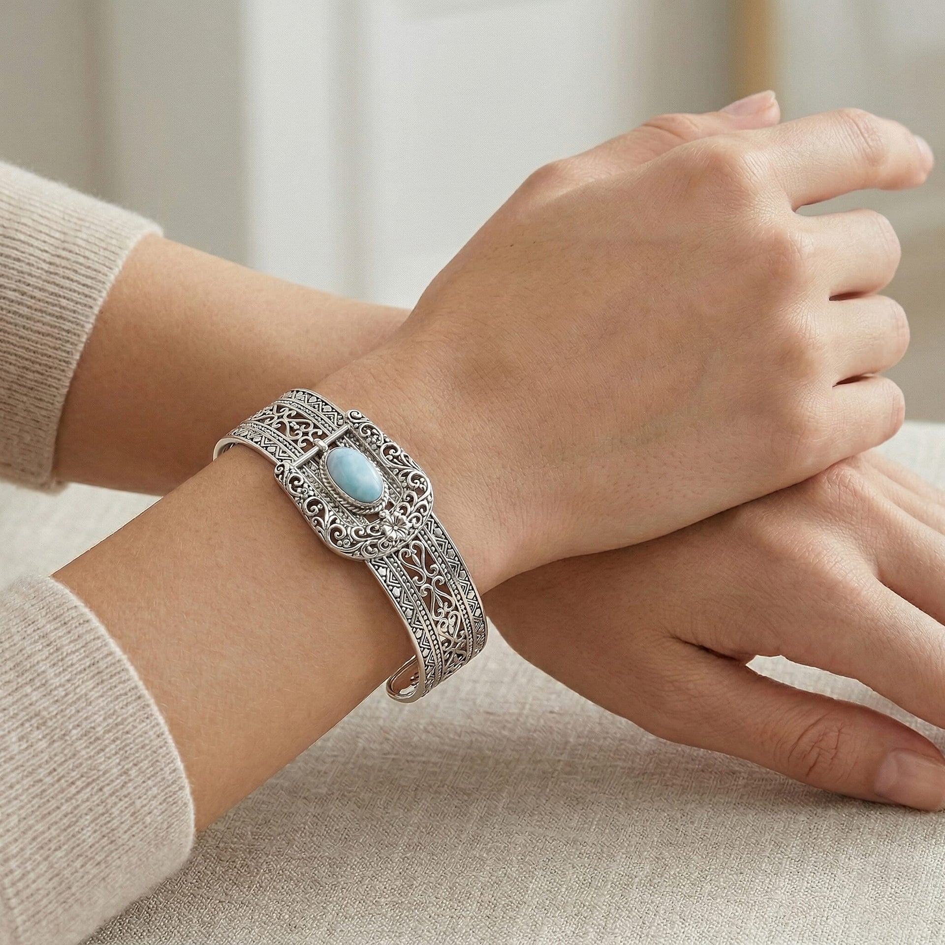 Royal Bali Collection - D'Joy Natural Larimar Sterling Silver Cuff Bangle (Size - 7.5) 4.23 Ct, Silver Wt. 29.85 Gms 8514192 2