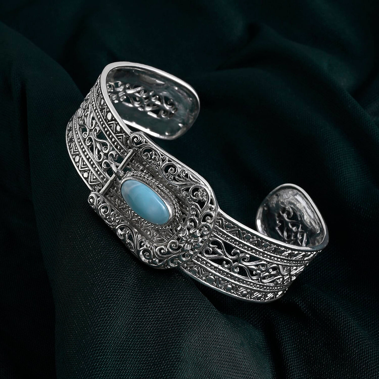 Royal Bali Collection - D'Joy Natural Larimar Sterling Silver Cuff Bangle (Size - 7.5) 4.23 Ct, Silver Wt. 29.85 Gms 8514192 3