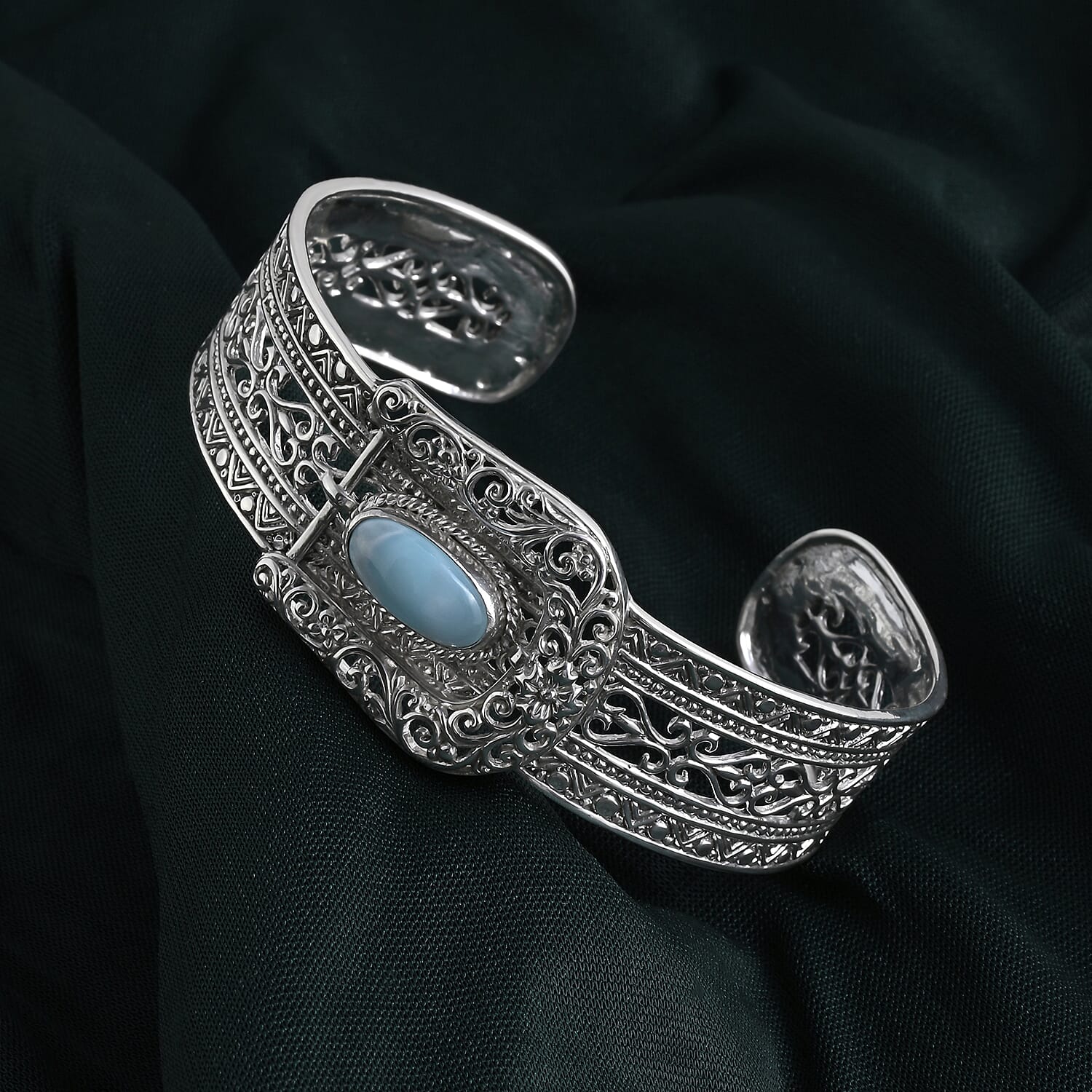 Royal Bali Collection - D'Joy Natural Larimar Sterling Silver Cuff Bangle (Size - 7.5) 4.23 Ct, Silver Wt. 29.85 Gms 8514192 3