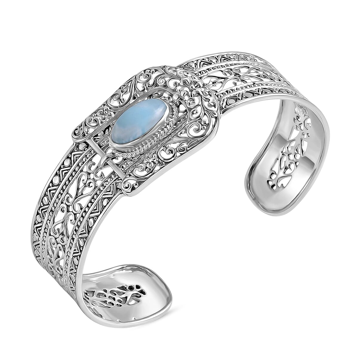 Royal Bali Collection - D'Joy Natural Larimar Sterling Silver Cuff Bangle (Size - 7.5) 4.23 Ct, Silver Wt. 29.85 Gms 8514192 4